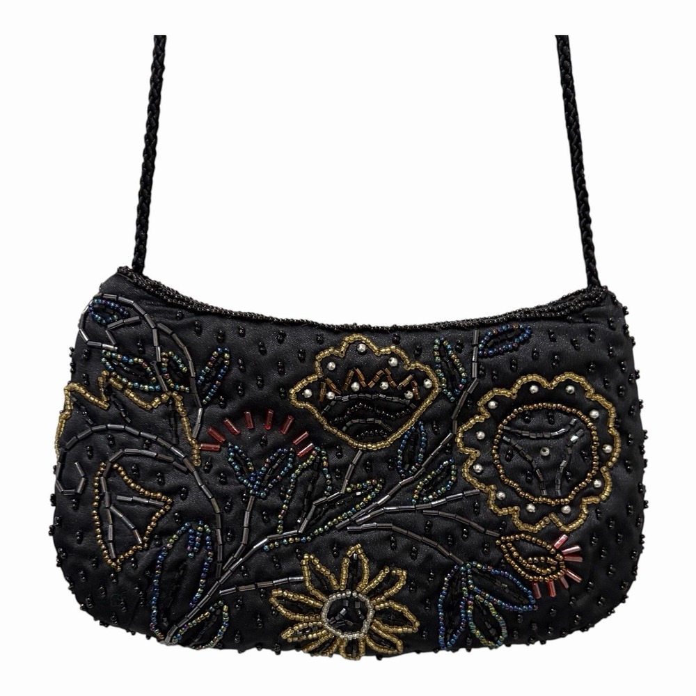 Valerie Stevens Multicolored Beaded Black Purse Gala Evening Party Crossbody Bag